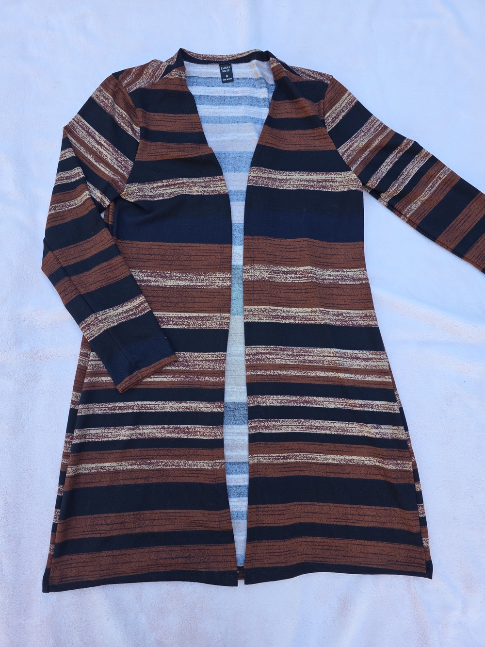 Emery Rose Brown Black Striped Open Front Long Duster Cardigan Size M